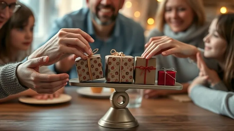 photorealistic, professional photography, 8K, cinematic lighting, sharp focus, depth of field, shot on a high-end DSLR. A warm, inviting scene of multiple hands, young and old, gently placing small, wrapped gift boxes onto a scale that is visibly tipping towards 'reduce liability'. The background is a soft, celebratory family gathering, symbolizing shared wealth and generational transfer.