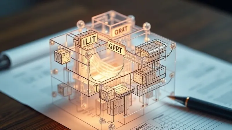 photorealistic, professional photography, 8K, cinematic lighting, sharp focus, depth of field, shot on a high-end DSLR. An intricate, transparent 3D model of a complex trust structure, resembling a sophisticated financial blueprint, with various interconnected nodes labeled 'ILIT', 'GRAT', 'QPRT'. The light source emanates from within the structure, highlighting its complexity and strategic design. In the background, subtly blurred, are legal documents and a pen, suggesting professional planning.