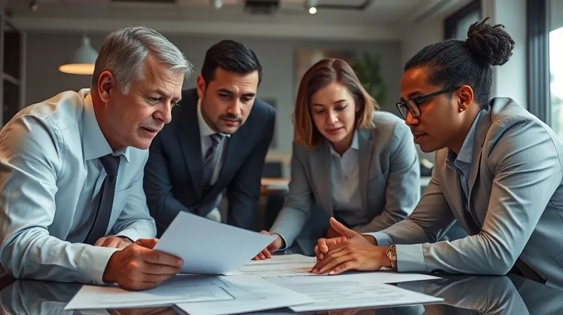 photorealistic, professional photography, 8K, cinematic lighting, sharp focus, depth of field, shot on a high-end DSLR. A diverse group of three professionals (an attorney, a CPA, and a financial advisor) in a modern, well-lit office, leaning over a table covered with documents, discussing a complex financial plan. Their expressions are focused and collaborative, with a client (partially visible, looking engaged) across from them. The mood is one of trust, expertise, and comprehensive problem-solving.