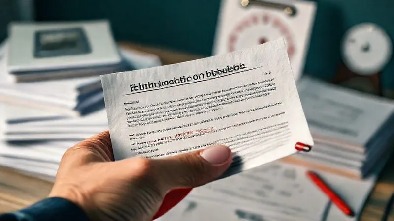 photorealistic, professional photography, 8K, cinematic lighting, sharp focus, depth of field, shot on a high-end DSLR. A close-up of a hand holding an Explanation of Benefits (EOB) document, highlighting a specific denial code with a red pen. The background shows blurred stacks of organized medical papers and a calendar with a circled deadline, emphasizing the importance of detail and time.