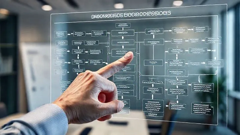 photorealistic, professional photography, 8K, cinematic lighting, sharp focus, depth of field, shot on a high-end DSLR. A person's hand pointing at a complex flowchart diagram illustrating the Medicare appeals process, with various paths and decision points. The background is a clean, modern office setting, emphasizing clarity amidst complexity, with a sense of determination.