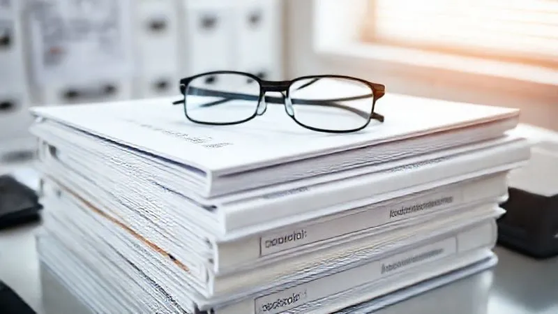 photorealistic, professional photography, 8K, cinematic lighting, sharp focus, depth of field, shot on a high-end DSLR. A stack of organized medical binders and folders, labeled clearly with medical terms, resting on a clean, well-lit desk. A pair of reading glasses lies on top, suggesting meticulous review and preparation of evidence, conveying thoroughness and diligence.