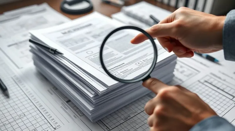 A photorealistic image of a stack of legal documents and architectural drawings meticulously organized on a desk, with a magnifying glass over a specific section and a hand pointing to a detail. Cinematic lighting, sharp focus, depth of field, 8K hyper-detailed, shot on a high-end DSLR.