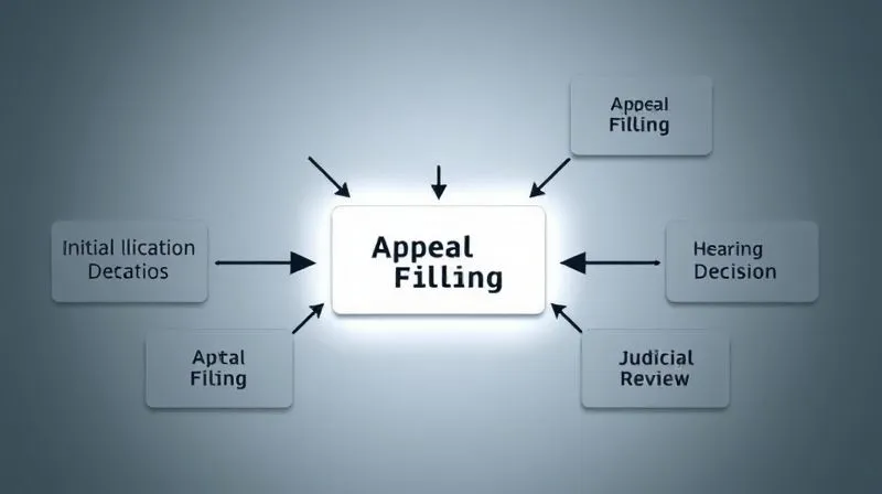 A photorealistic image of a legal flowchart with arrows connecting different stages like 'Initial Application', 'Denial', 'Appeal Filing', 'Hearing', 'Decision', and 'Judicial Review'. The chart is clean and professional, with a spotlight on the 'Appeal Filing' stage. Cinematic lighting, sharp focus, depth of field, 8K hyper-detailed, shot on a high-end DSLR.