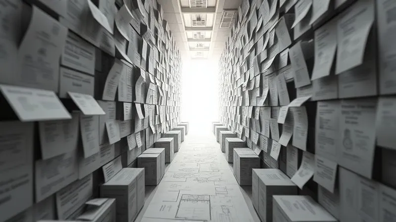 A photorealistic image of a legal maze with a single path opening up towards a bright light at the end, symbolizing overcoming obstacles. The maze walls are made of legal documents and architectural plans. Cinematic lighting, sharp focus on the clear path, depth of field, 8K hyper-detailed, shot on a high-end DSLR.