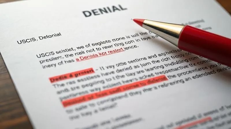 A photorealistic close-up of a USCIS denial letter with specific paragraphs highlighted by a red pen, indicating key reasons for denial. Professional photography, 8K, cinematic lighting, sharp focus, depth of field blurring the background, shot on a high-end DSLR, conveying a sense of detailed scrutiny.