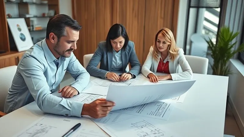 A team of professionals (architect, lawyer, planner) collaborating around a large table, reviewing blueprints and legal documents, with a determined yet thoughtful expression, representing strategic planning and problem-solving, photorealistic, professional photography, 8K, cinematic lighting, sharp focus, depth of field.