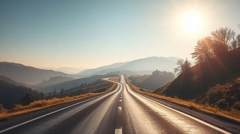A long, winding road leading towards a distant, clearly visible architectural rendering of a successful development, bathed in morning light, symbolizing the journey and ultimate goal of a land use variance appeal, photorealistic, professional photography, 8K, cinematic lighting, sharp focus, depth of field.
