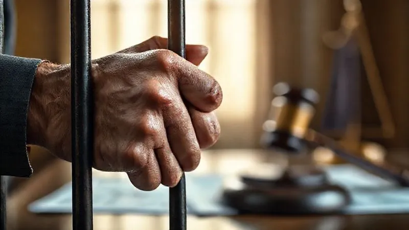 Photorealistic, professional photography, 8K, cinematic lighting, sharp focus, depth of field, shot on a high-end DSLR. A close-up of a person's hands gripping the bars of a cell, with the blurred outline of a judge's gavel and legal documents in the background, conveying a sense of lost freedom and legal struggle.