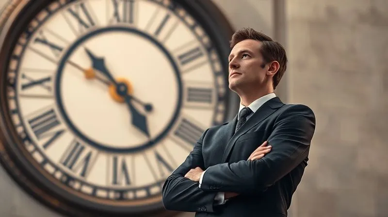 photorealistic, professional photography, 8K, cinematic lighting, sharp focus, depth of field, shot on a high-end DSLR, a person in a neat suit, arms crossed, looking thoughtfully at a large, ornate clock on a government building wall, symbolizing the passage of time and deadlines in administrative appeals. The clock face is slightly blurred in the background, with the person's determined expression in sharp focus.