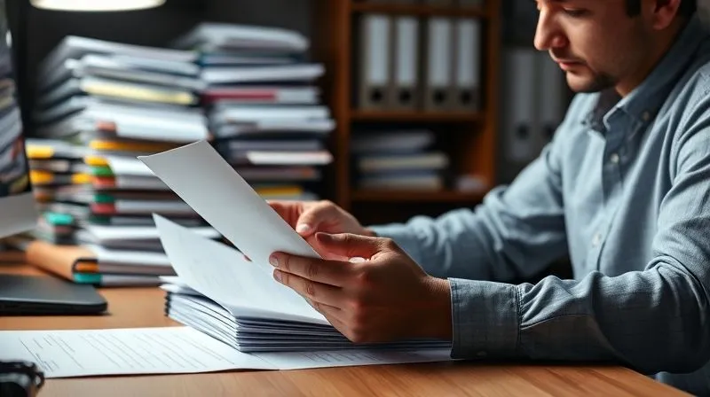 A highly organized desk with neatly stacked files, color-coded tabs, and a person diligently reviewing documents with a focused expression. The scene features professional photography, 8K resolution, cinematic lighting highlighting the workspace, sharp focus on the documents and hands, and a subtle depth of field blurring the background, shot on a high-end DSLR. The image conveys meticulousness and dedication.