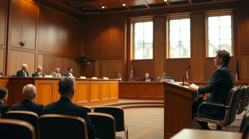 A professional legal hearing room setting, with a panel of adjudicators seated at a raised dais and a petitioner (or their attorney) presenting their case at a podium. The atmosphere is formal and serious, with natural light filtering through large windows. Professional photography, 8K, cinematic lighting, sharp focus on the speaker and adjudicators, depth of field blurring the background, shot on a high-end DSLR. The image conveys the gravity of the legal process.