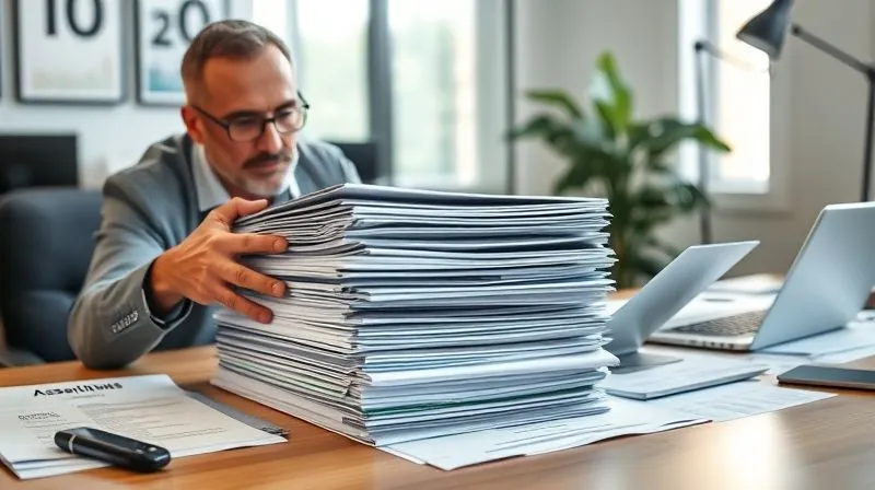 A photorealistic image of a commercial property owner meticulously organizing a stack of diverse documents – assessment notices, financial statements, property photos, and market reports – on a large, well-lit desk, with a focused expression. Professional photography, 8K, cinematic lighting, sharp focus on the documents, depth of field, shot on a high-end DSLR.