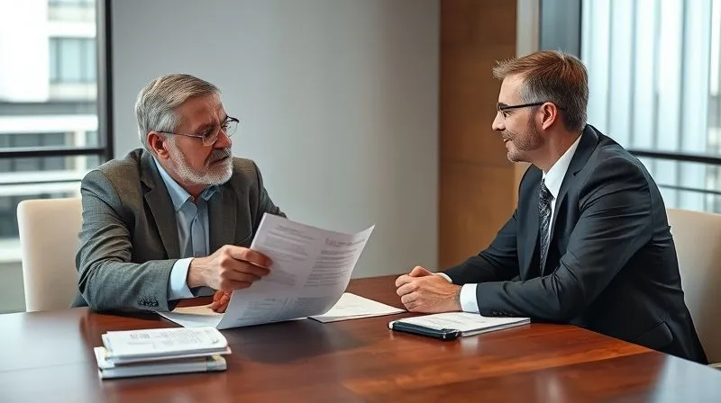 A photorealistic image depicting a professional, calm discussion between a commercial property owner and a tax assessor, seated at a conference table with documents spread out. They are making eye contact, gesturing towards a report, suggesting a constructive dialogue. Professional photography, 8K, cinematic lighting, sharp focus on their expressions, depth of field, shot on a high-end DSLR.