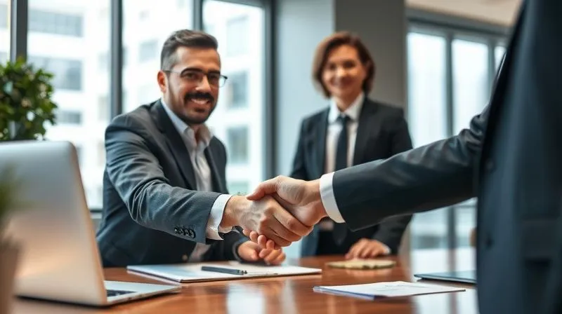 A photorealistic image of a commercial property owner shaking hands with a professional tax attorney or consultant in a modern office setting. Both are dressed in business attire, looking confident and determined, with legal documents and a laptop visible on the desk. Professional photography, 8K, cinematic lighting, sharp focus on the handshake, depth of field, shot on a high-end DSLR.