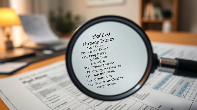 A photorealistic, professional photography, 8K, cinematic lighting, sharp focus, depth of field, shot on a high-end DSLR, of a magnifying glass over a complex medical chart, highlighting specific skilled nursing entries. The background is a warm, supportive office environment, suggesting careful review and advocacy, with a sense of clarity emerging from complexity.
