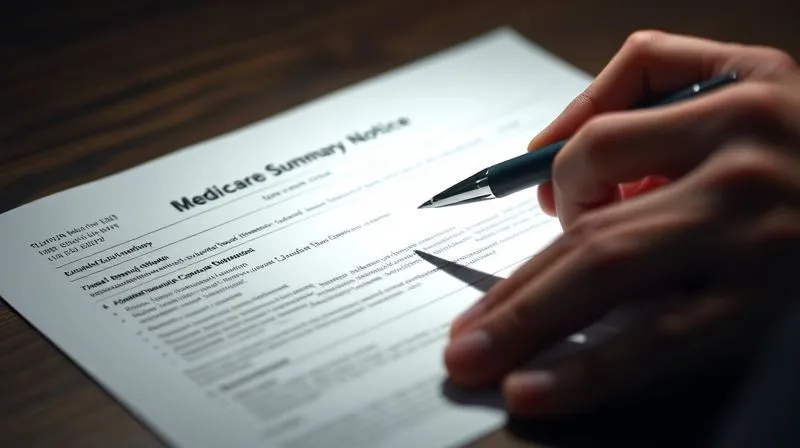 A photorealistic, professional photography, 8K, cinematic lighting, sharp focus, depth of field, shot on a high-end DSLR, of a senior hand carefully reviewing a Medicare Summary Notice (MSN) document. A pen is poised over the paper, suggesting careful examination, with a soft, reassuring light illuminating the document, implying clarity and control over their healthcare information.