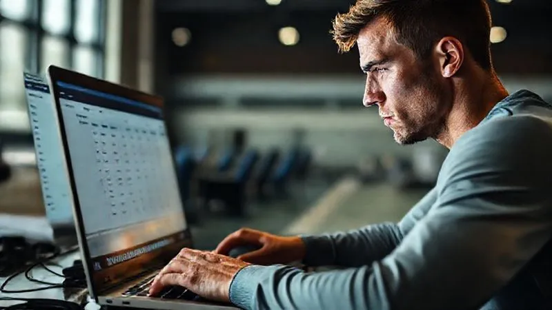 A photorealistic, professional photography, 8K, cinematic lighting, sharp focus, depth of field, shot on a high-end DSLR, of an athlete meticulously entering their daily schedule and 60-minute testing window into a laptop, with the ADAMS interface visible on screen, showing attention to detail and a slightly stressed expression.
