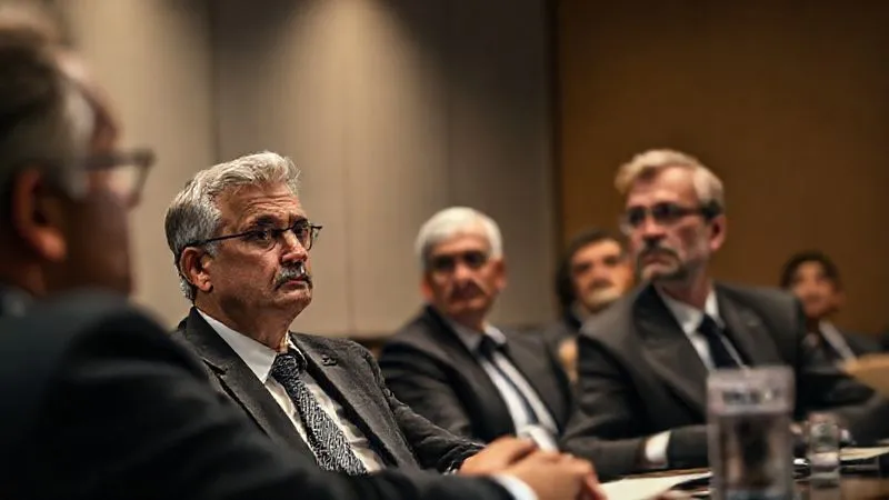 A photorealistic, professional photography, 8K, cinematic lighting, sharp focus, depth of field, shot on a high-end DSLR, of a solemn arbitration panel listening intently to a legal presentation in a modern, minimalist hearing room. The focus is on the serious expressions of the arbitrators, conveying the weight of the decision.