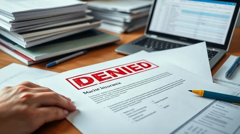 photorealistic, professional photography, 8K, cinematic lighting, sharp focus, depth of field, shot on a high-end DSLR, a close-up of a marine insurance denial letter with a bold red 'DENIED' stamp, next to a hand meticulously highlighting sections with a yellow marker, surrounded by organized stacks of supporting documents and a laptop displaying a digital log, conveying diligent review and preparation.