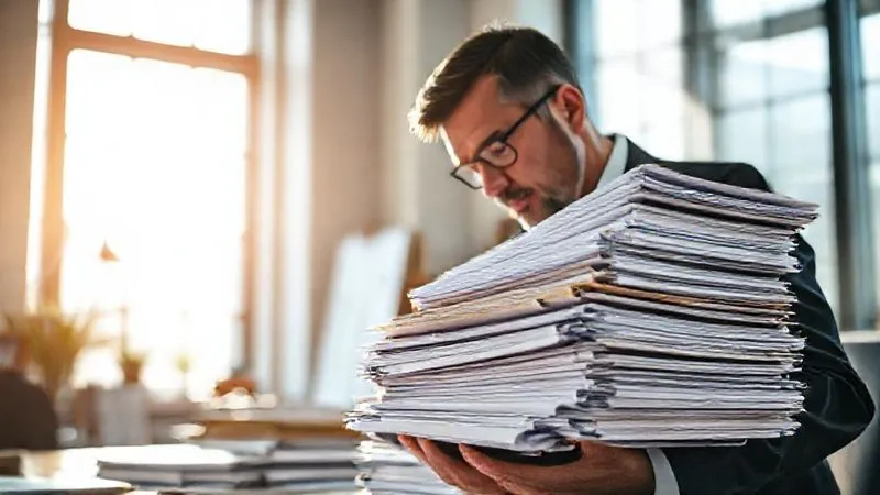 A photorealistic image of a legal professional meticulously reviewing a stack of diverse documents, with a focus on details and organization, bathed in natural light from a large office window. 8K, cinematic lighting, sharp focus, depth of field, shot on a high-end DSLR.