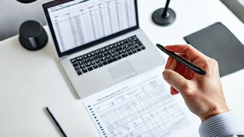 photorealistic, professional photography, 8K, cinematic lighting, sharp focus, depth of field, shot on a high-end DSLR. An overhead shot of a clean, minimalist desk with a stack of perfectly aligned, color-coded folders labeled "Payroll Records," "Timekeeping," and "Employee Classifications." A modern laptop displays a complex spreadsheet, and a focused hand holds a pen, poised to make a note. The scene conveys organization, diligence, and meticulous preparation for an high-stakes audit.
