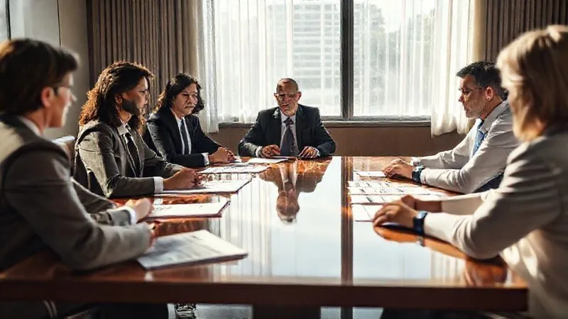 photorealistic, professional photography, 8K, cinematic lighting, sharp focus, depth of field, shot on a high-end DSLR. A composed, diverse team of two legal professionals and a company HR representative sitting across a polished conference table from a single, serious-looking Department of Labor auditor. Documents are neatly spread, and the atmosphere is professional and focused, conveying a sense of organized, strategic discussion rather than confrontation. Sunlight streams through a large window, highlighting the detailed expressions.