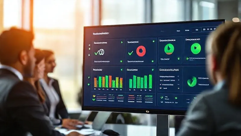 photorealistic, professional photography, 8K, cinematic lighting, sharp focus, depth of field, shot on a high-end DSLR. A vibrant, clean digital dashboard displayed on a large monitor, showing various compliance metrics: 'Overtime Hours Logged', 'Exempt Employee Audit Status', 'Minimum Wage Tracker', 'Policy Update Reminders'. The interface is intuitive, with green checkmarks indicating compliance. A diverse team of professionals is visible in the softly blurred background, suggesting collaborative compliance management. The image conveys efficiency and control.