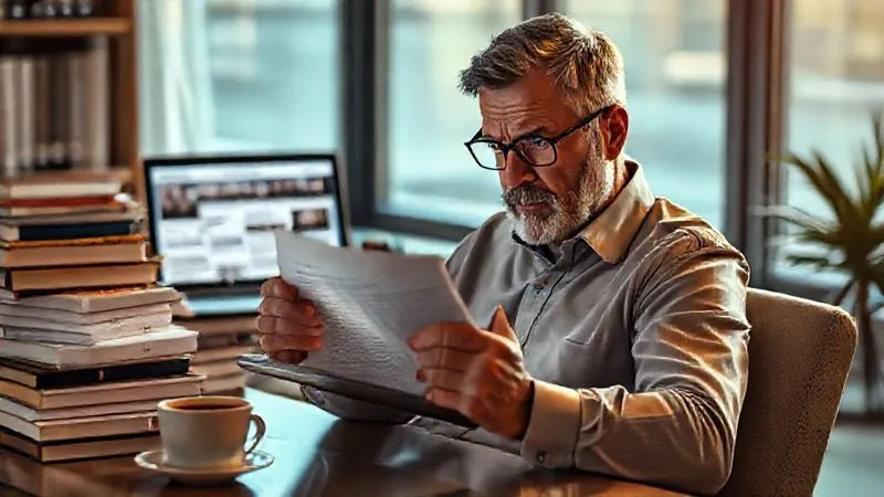 photorealistic, professional photography, 8K, cinematic lighting, sharp focus, depth of field, shot on a high-end DSLR. A thoughtful business owner or HR professional with a serious but determined expression, meticulously reviewing a complex legal document on a tablet, surrounded by stacks of legal texts and a laptop displaying news headlines about labor law changes. The lighting is focused and warm, emphasizing concentration and the importance of staying informed. A cup of coffee sits nearby.