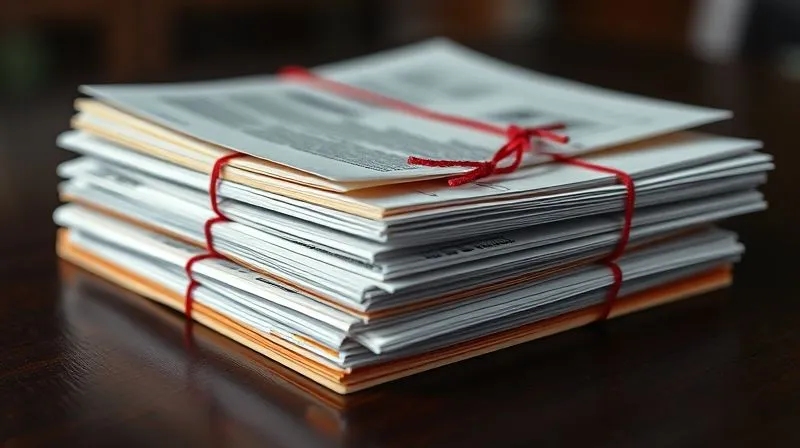 A photorealistic close-up of a stack of neatly organized legal documents, including certified mail receipts, dispute letters, and credit reports, all bound with a red string, on a dark wooden table. Cinematic lighting, sharp focus on the documents, depth of field blurring the background. Shot on a high-end DSLR, 8K hyper-detailed, professional photography.