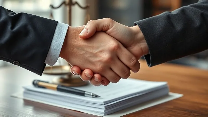 A photorealistic image of two hands, one in a business suit and the other a consumer's, shaking firmly over a blurred stack of legal documents. A subtle scale of justice is visible in the background, symbolizing negotiation and fairness. Cinematic lighting, sharp focus on the handshake, depth of field. Shot on a high-end DSLR, 8K hyper-detailed, professional photography.