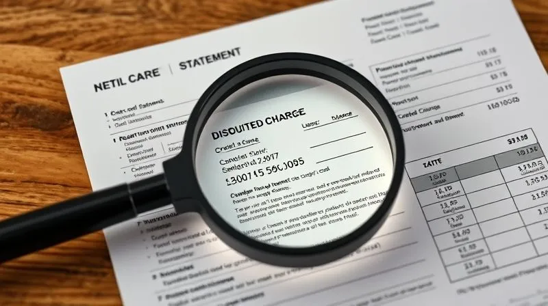 Photorealistic image of a magnifying glass over a credit card statement highlighting a disputed charge, with official documents in the background. Professional photography, 8K, cinematic lighting, sharp focus on the highlighted area, depth of field, shot on a high-end DSLR.