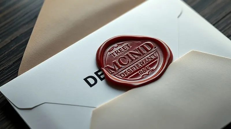 Photorealistic image of a formal demand letter being sealed in an envelope, with a red wax seal, suggesting legal seriousness. Professional photography, 8K, cinematic lighting, sharp focus on the letter and seal, depth of field, shot on a high-end DSLR.