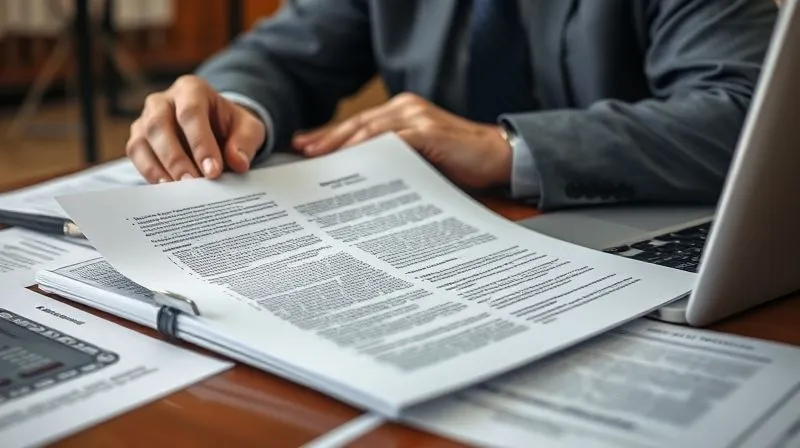 Photorealistic image of a legal brief or court document being reviewed by a lawyer, with legal texts and a laptop in the background, conveying diligence and strategic planning. Professional photography, 8K, cinematic lighting, sharp focus on the document, depth of field, shot on a high-end DSLR.
