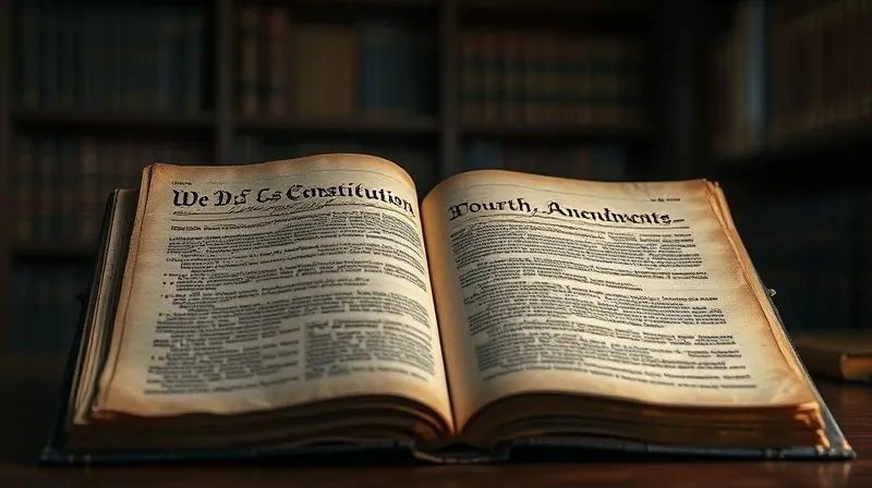 A photorealistic image of an antique, weathered copy of the U.S. Constitution, specifically open to the Fourth Amendment, with a subtle, protective glow emanating from the text. The backdrop is a dimly lit, professional legal office, with bookshelves blurred in the background. 8K, cinematic lighting, sharp focus on the document, depth of field, shot on a high-end DSLR.