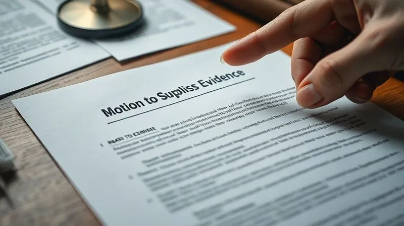 A photorealistic, close-up image of a legal document, specifically titled 'Motion to Suppress Evidence', with legal jargon and signatures visible. A hand, possibly a lawyer's, is pointing to a key paragraph, emphasizing a critical legal argument. The setting is a well-organized legal desk with other legal texts blurred in the background. 8K, cinematic lighting, sharp focus on the document, depth of field, shot on a high-end DSLR.