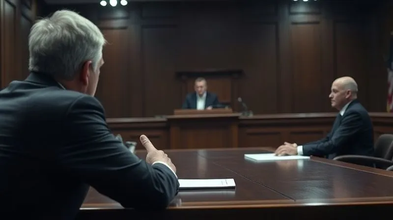 A photorealistic, dramatic courtroom scene from the perspective of the defense table, focusing on a solemn judge presiding over a suppression hearing. A lawyer, sharply dressed, is gesturing towards a witness stand which is blurred in the background. The lighting is somber and professional, emphasizing the gravity of the legal process. 8K, cinematic lighting, sharp focus on the judge and defense lawyer, depth of field, shot on a high-end DSLR.