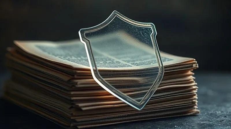 A photorealistic image of a shimmering, transparent shield made of light, positioned in front of a stack of old, weathered legal documents, protecting them from a dark, encroaching shadow. Cinematic lighting, sharp focus on the shield and documents, depth of field blurring the background, 8K hyper-detailed, shot on a high-end DSLR.