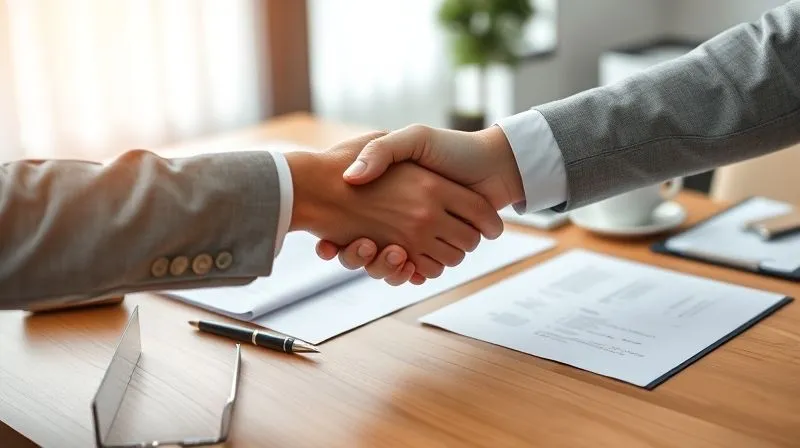 A photorealistic image of two hands shaking over a neatly organized desk with legal documents, a pen, and a coffee cup, symbolizing a successful negotiation or agreement. The lighting is soft and professional, sharp focus on the handshake and documents, depth of field blurring the office background. 8K hyper-detailed, professional photography, shot on a high-end DSLR.