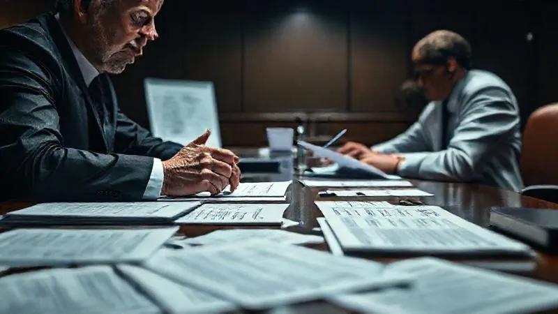 A photorealistic image of a legal deposition in progress, with a stern attorney questioning a witness under oath, a court reporter typing, and legal documents scattered on the table. The atmosphere is tense and focused, with cinematic lighting emphasizing the faces and documents, 8K, sharp focus, depth of field. Shot on a high-end DSLR.