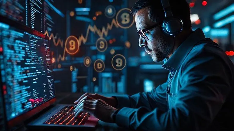 A photorealistic image depicting a digital forensic expert at a glowing computer screen, analyzing complex lines of code and blockchain data, with holographic financial charts and cryptocurrency symbols floating in the air around them. The atmosphere is high-tech and intense, 8K, cinematic lighting, sharp focus on the expert's hands and screen, depth of field. Shot on a high-end DSLR.