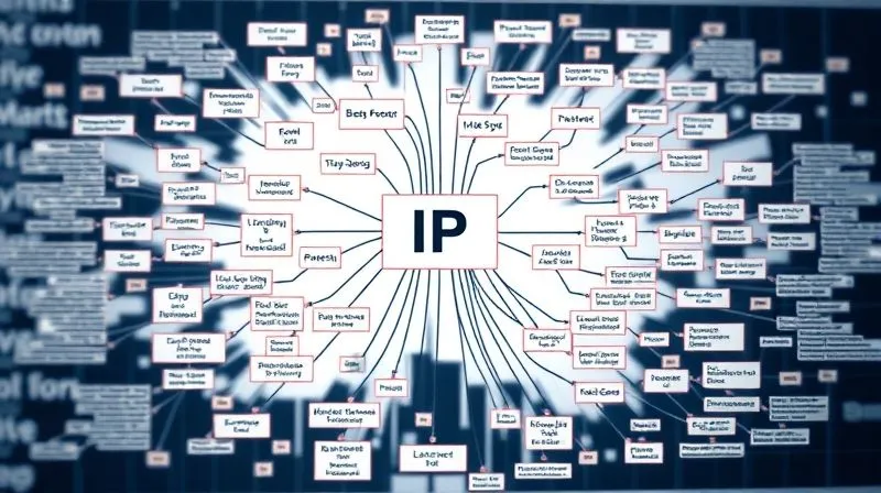 A photorealistic image of a complex flowchart or mind map illustrating interconnected IP assets, patents, trademarks, and copyrights, with lines leading to various entities, professional photography, 8K, cinematic lighting, sharp focus, depth of field.