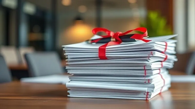 A photorealistic image of a stack of legal documents tied with a red ribbon, a pen resting on top, and a blurry background of a corporate office, symbolizing contract review and meticulous attention to detail, professional photography, 8K, cinematic lighting, sharp focus, depth of field.