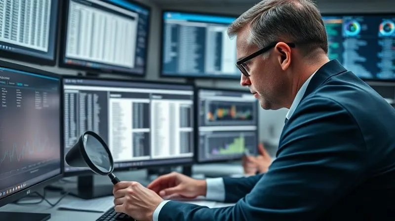 A professional forensic accountant intently examining complex financial ledgers and digital spreadsheets on multiple monitors, with a magnifying glass nearby. The scene is in a modern, well-lit office, conveying meticulous investigation and discovery. Photorealistic, professional photography, 8K, cinematic lighting, sharp focus, depth of field, shot on a high-end DSLR.