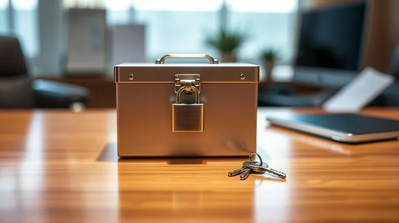 A secure, closed financial ledger or a lockbox resting on a polished wooden desk, with a single key carefully placed beside it. The background is softly blurred, showing a modern office setting, symbolizing security, careful planning, and protection of assets. Photorealistic, professional photography, 8K, cinematic lighting, sharp focus, depth of field, shot on a high-end DSLR.