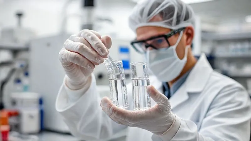 A photorealistic image of a scientist in a clean lab, meticulously handling water samples in glass vials, with specialized analytical equipment (e.g., a mass spectrometer) in the background. The lighting is sterile and bright, highlighting the precision and scientific rigor. Sharp focus on the scientist's hands and the samples, depth of field blurring the background. 8K hyper-detailed, professional photography, shot on a high-end DSLR.