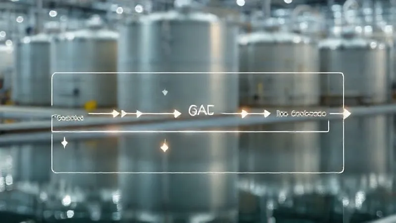 A photorealistic diagram illustrating a complex industrial wastewater treatment process flow. The diagram should clearly show different stages like 'Pre-treatment,' 'Biological Treatment,' 'GAC Filtration,' and 'Ion Exchange,' with arrows indicating water flow. Highlight the GAC and Ion Exchange stages with a subtle glow. The overall aesthetic is clean, technical, and professional. Cinematic lighting, sharp focus on the diagram, depth of field blurring a background of industrial tanks. 8K hyper-detailed, professional photography, shot on a high-end DSLR.