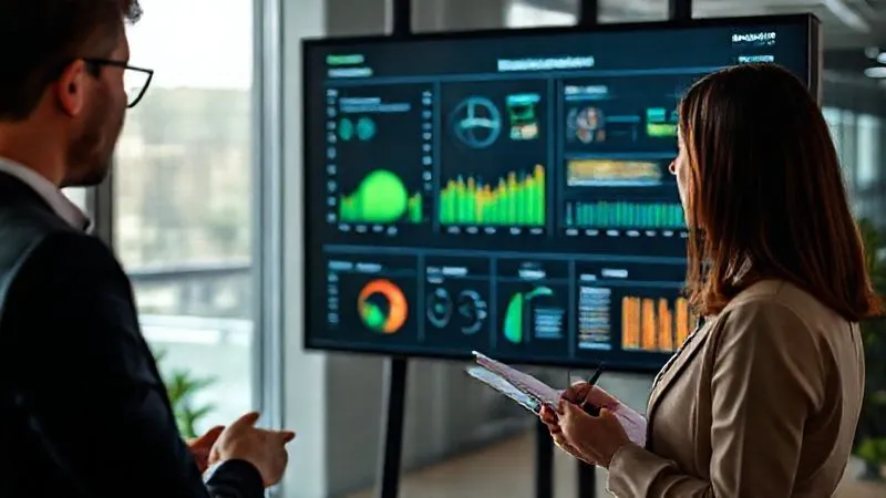 A photorealistic image of a professional woman, an environmental consultant, pointing at a digital dashboard displaying real-time environmental data and regulatory updates on a large screen. She is in a modern office environment, collaborating with a colleague who is taking notes. The screen shows charts, graphs, and text highlighting 'PFAS' and 'Compliance'. Cinematic lighting, sharp focus on the people and screen, depth of field blurring the office background. 8K hyper-detailed, professional photography, shot on a high-end DSLR.