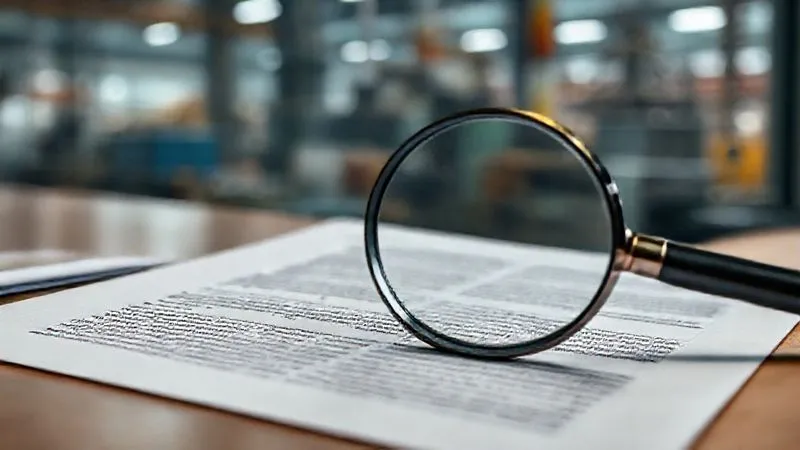 A photorealistic image of a legal brief or contract open on a desk, with a magnifying glass resting on a section highlighting complex environmental regulations and liability clauses. In the background, a subtle, out-of-focus image of a factory or industrial facility. The lighting is serious and professional, emphasizing the weight of legal documents. Sharp focus on the text, depth of field blurring the background. 8K hyper-detailed, professional photography, shot on a high-end DSLR.