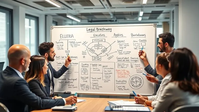 A photorealistic image of a diverse group of legal professionals intensely brainstorming and strategizing around a large whiteboard covered with flowcharts and alternative legal pathways, using different colored markers. Cinematic lighting, sharp focus on the whiteboard and faces, depth of field blurring the office background, 8K hyper-detailed, shot on a high-end DSLR.